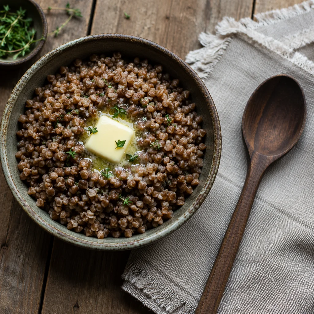 Buckwheat Bowl in a ceramic bowl with butter melting in the center, on a wooden table