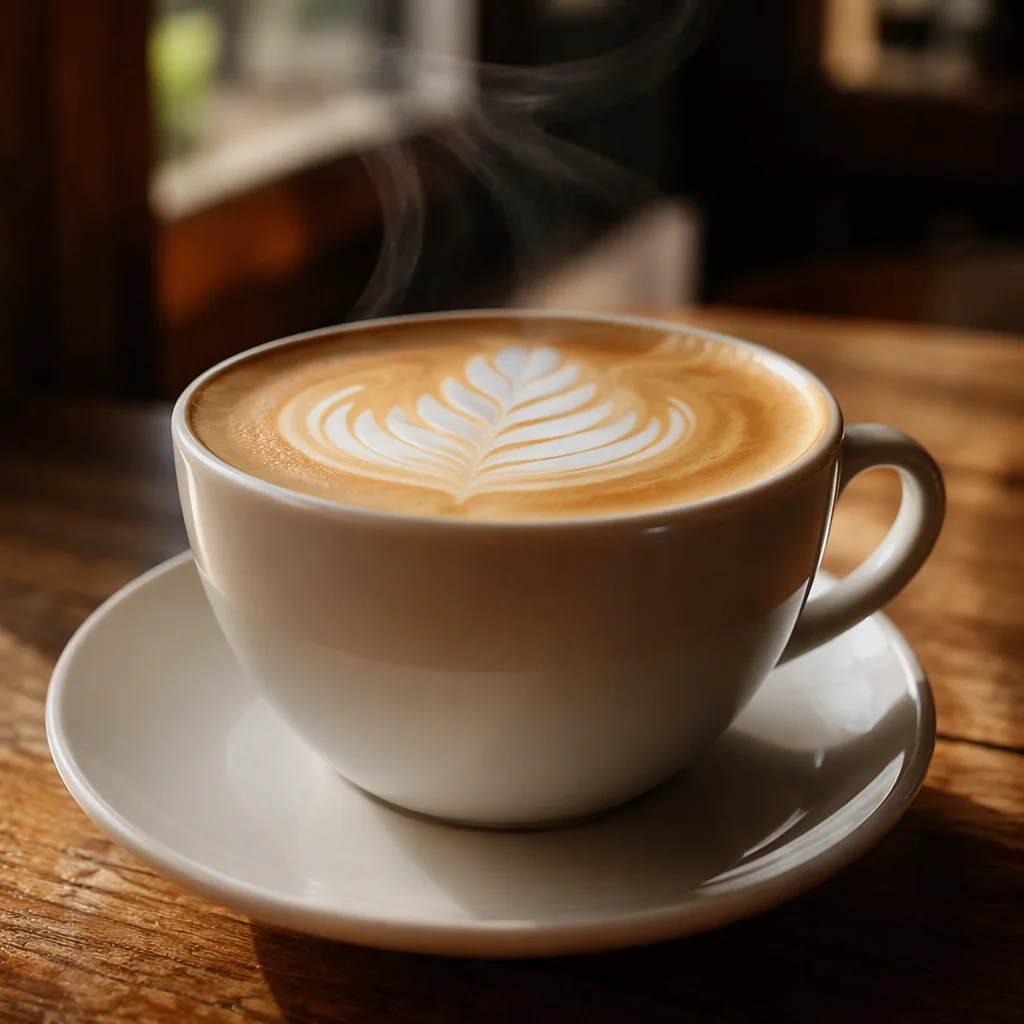 A steaming latte with leaf latte art in a white cup and saucer