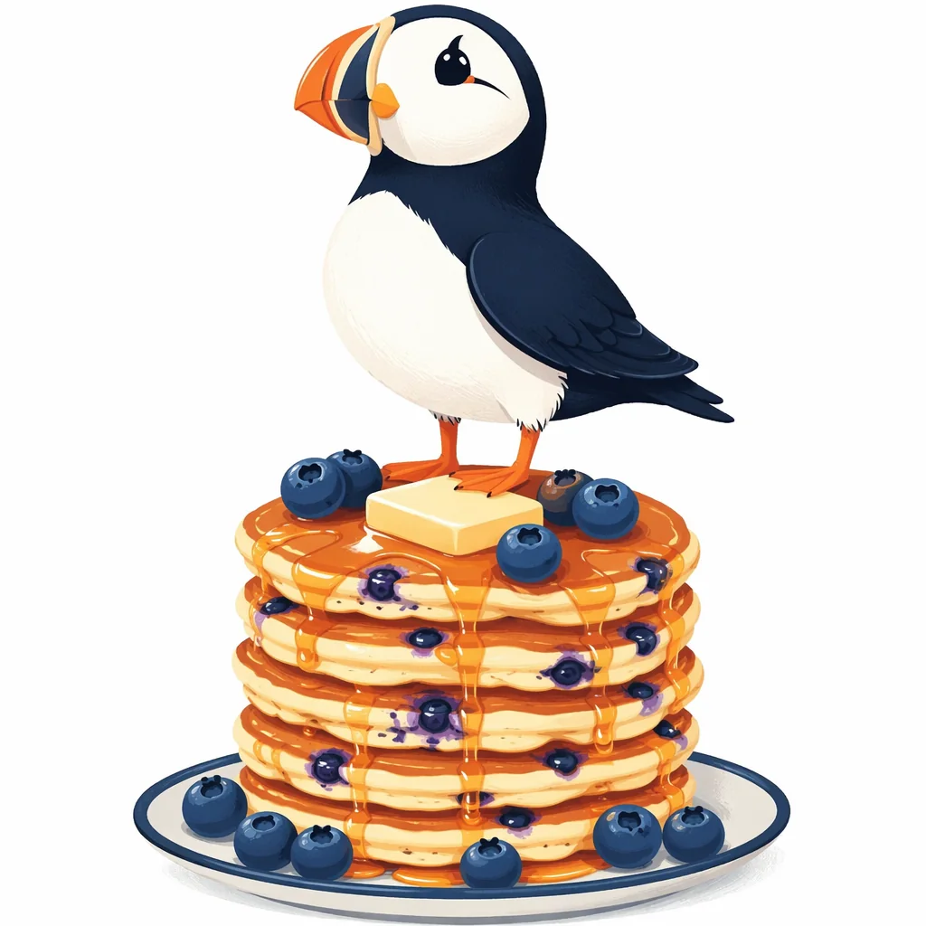Illustration of a puffin standing on a stack of blueberry pancakes
