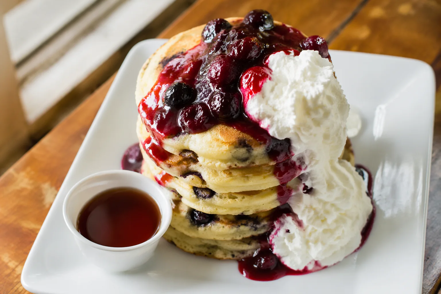 Tall stack of blueberry pancakes with whipped cream, berry compote and maple syrup