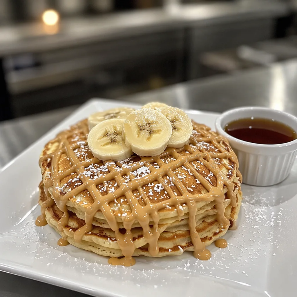 Stack of banana pancakes with caramel drizzle and powdered sugar
