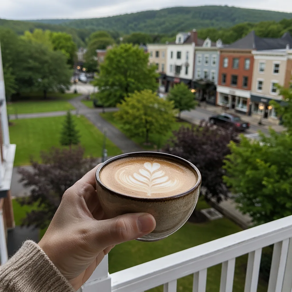 Hand holding a latte at the white-railed balcony, with Main Street and the Village Green below