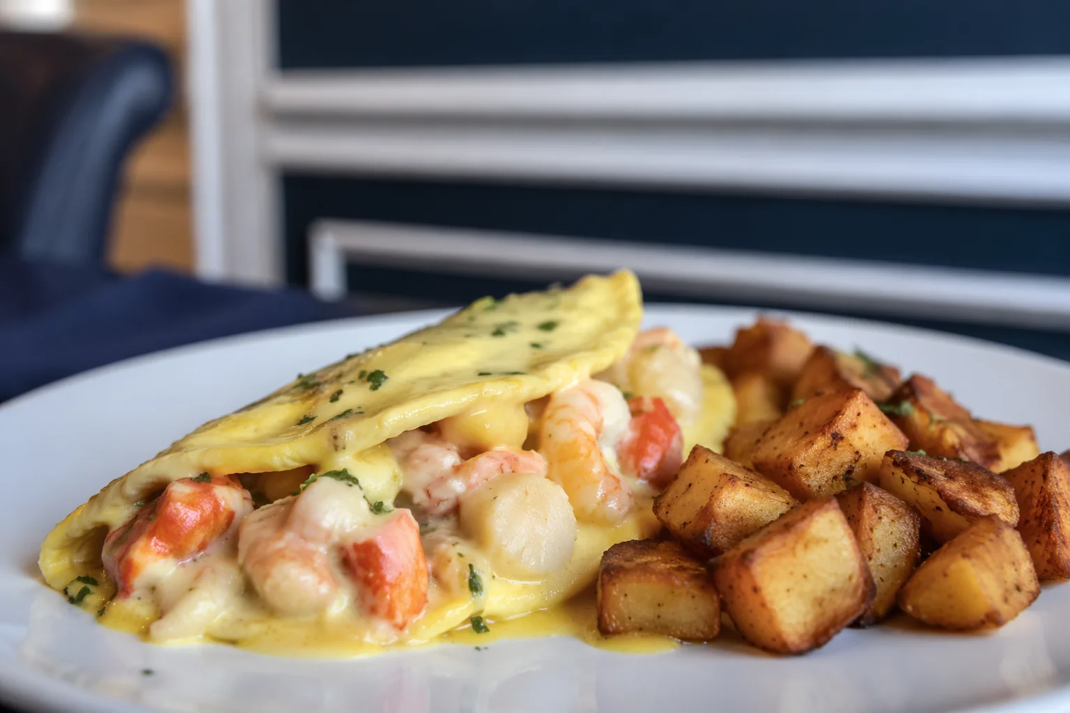 Lobster omelette with breakfast potatoes on a white plate