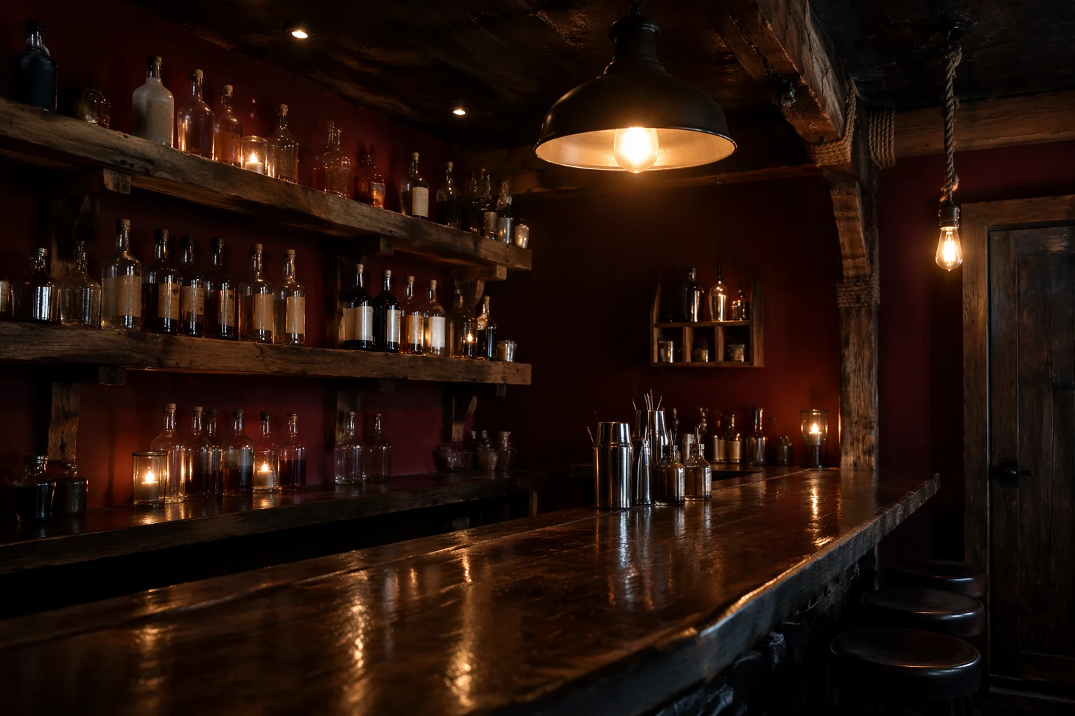 Dim speakeasy bar with bottle-lined barnwood shelves on a barn-red wall, a warm dome lamp and a rope-hung bulb beside a dark wooden door