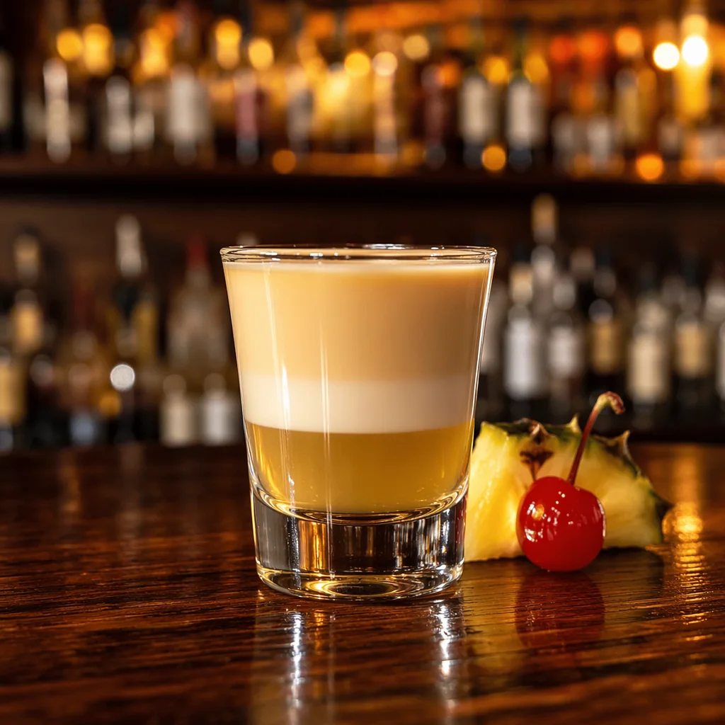 Layered cream cocktail in a small glass with pineapple and cherry garnish, bottle shelves glowing warm behind it