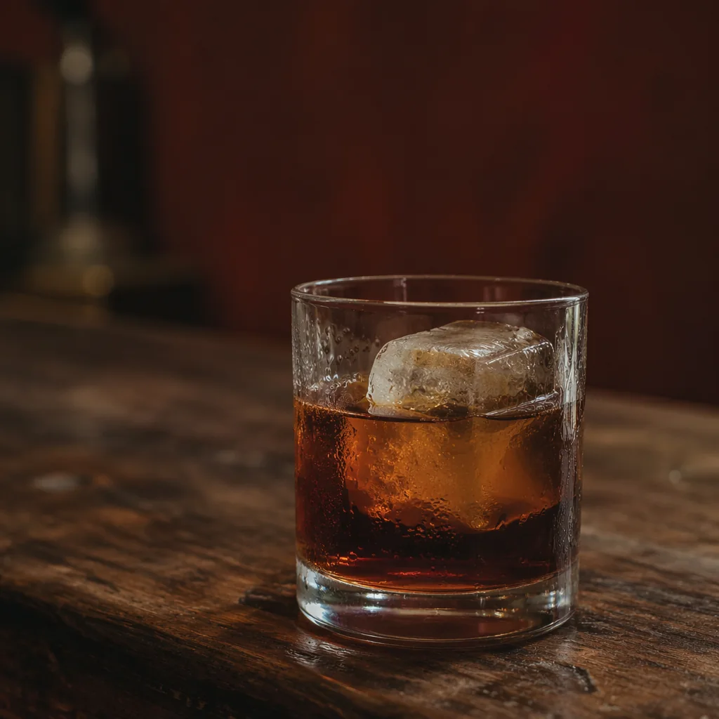 Dark spirits cocktail over one large ice cube in a rocks glass on a worn wooden bar against a barn-red wall