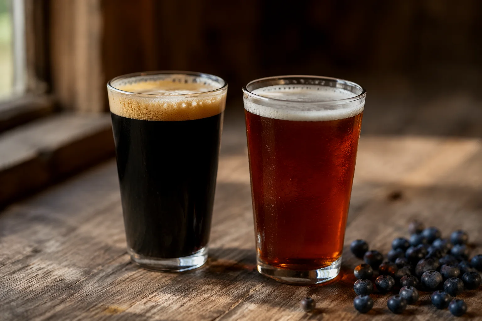 A dark stout and an amber ale side by side on weathered barnwood with a scatter of fresh blueberries