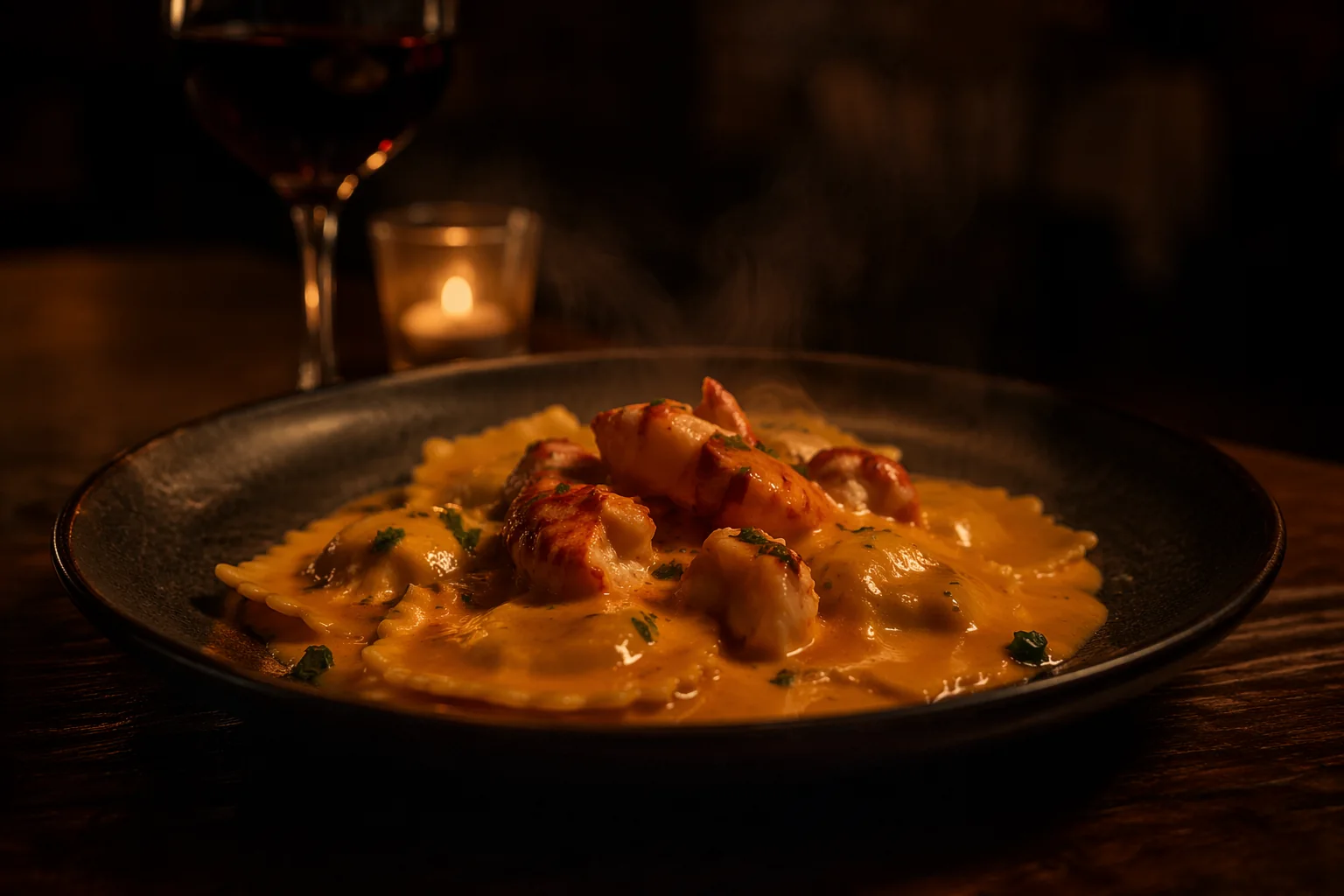Lobster ravioli in saffron cream on a dark plate, steam rising, lit by a single candle