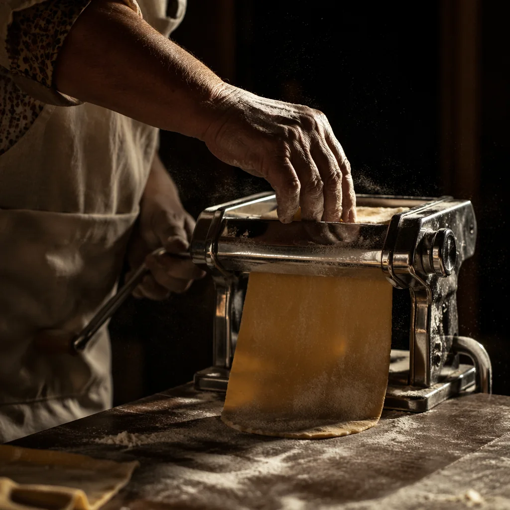 Flour-dusted hands guiding a sheet of fresh pasta through a hand-crank machine
