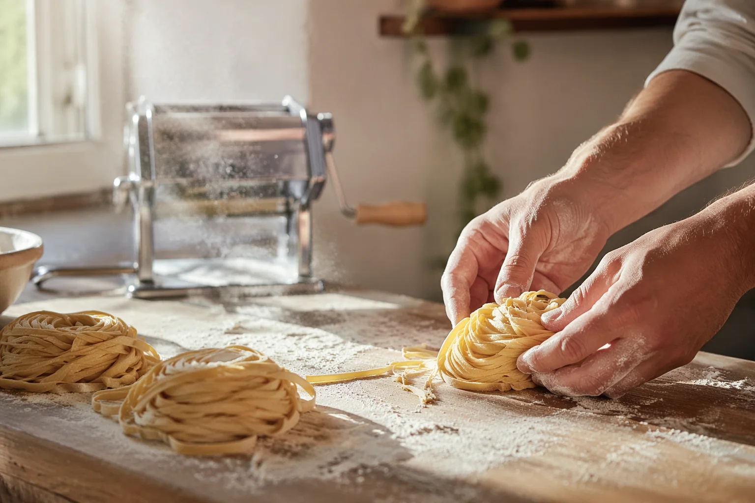 Flour-dusted hands shaping fresh tagliatelle beside a hand-crank pasta machine