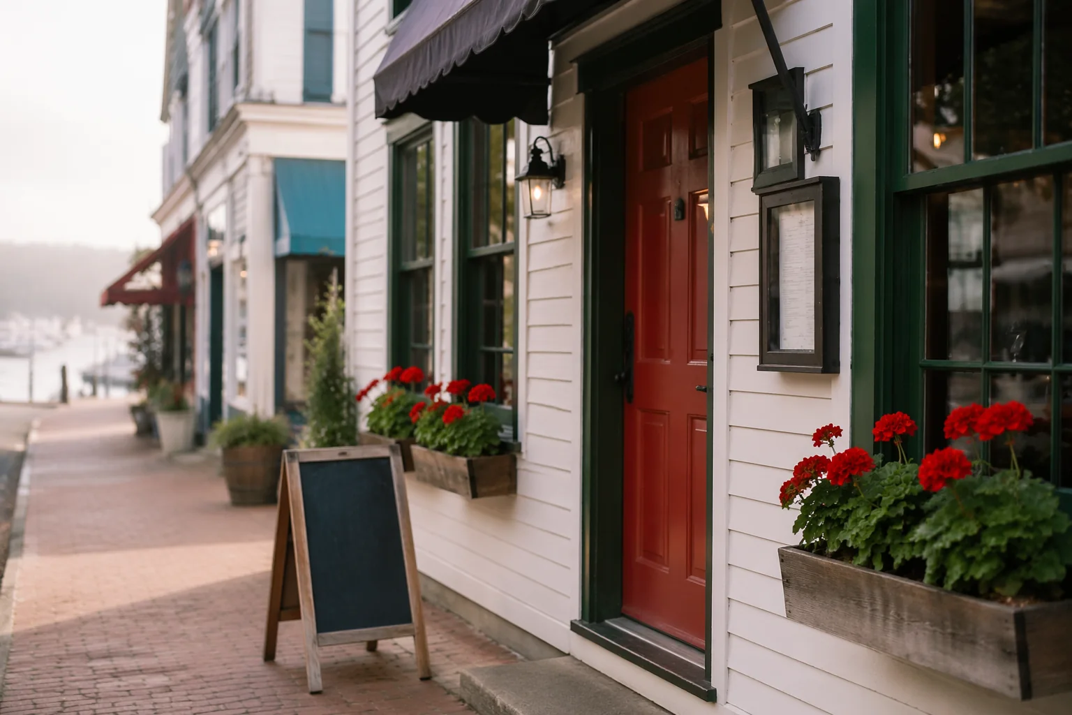 White clapboard storefront with a red front door and geranium window boxes