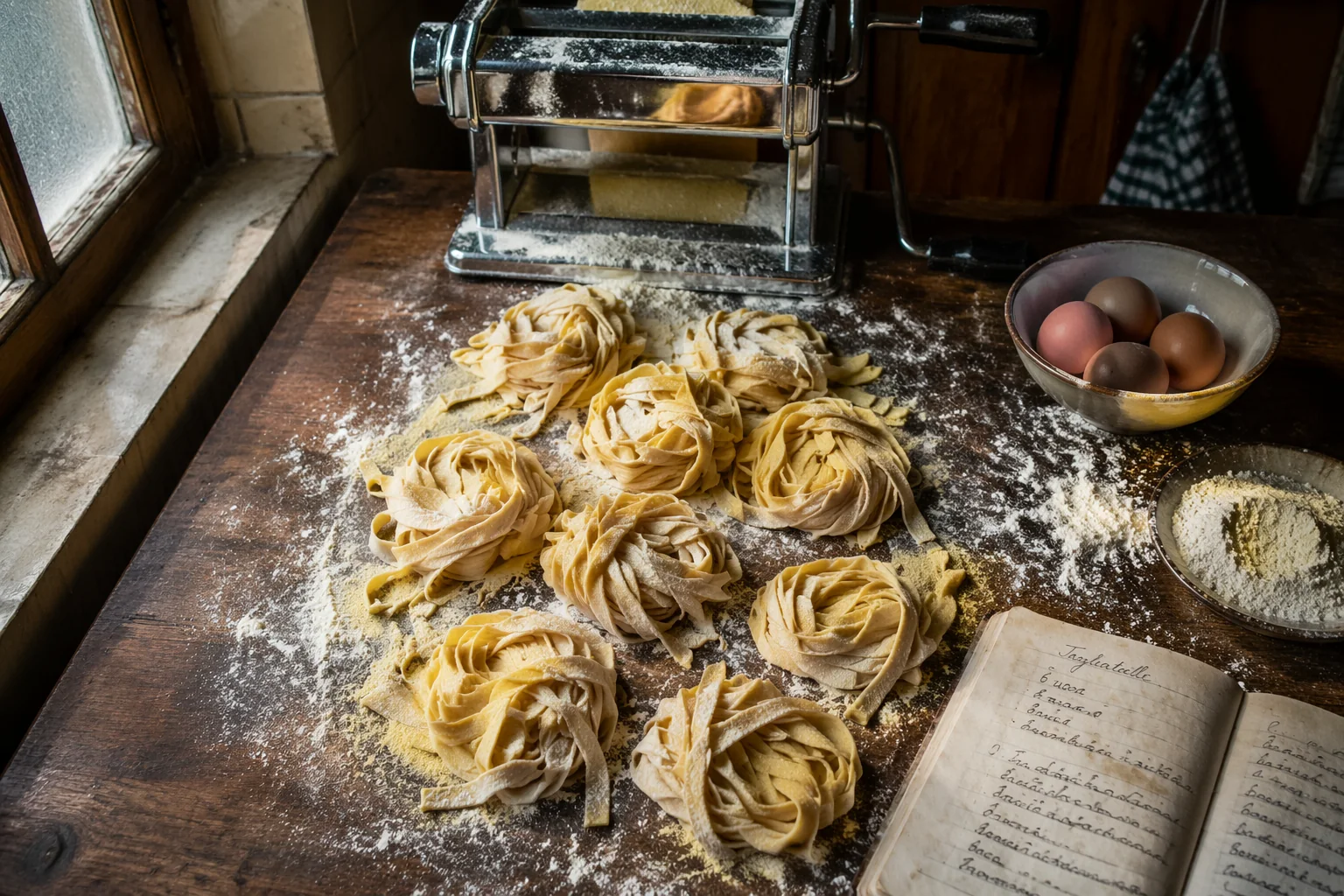 Fresh tagliatelle nests on a floured wooden bench beside a hand-crank pasta machine and a handwritten recipe notebook