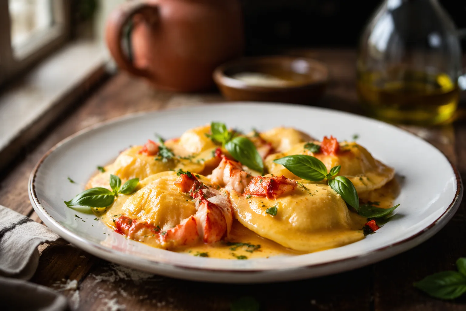 Plate of lobster ravioli in saffron cream with fresh basil at Rosa's Trattoria