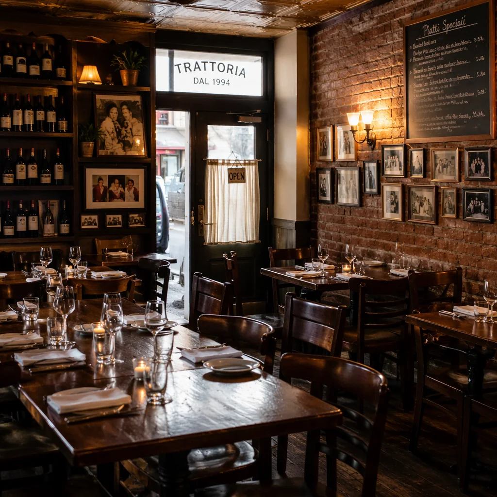 The dining room at Rosa's Trattoria: dark wood tables, lit candles, family photographs on a brick wall