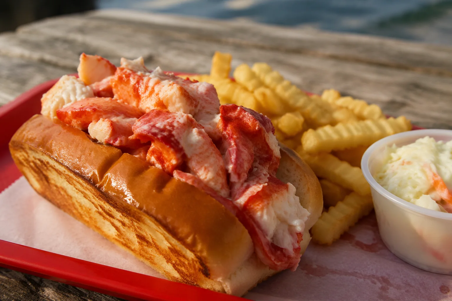 Lobster roll overflowing with hand-picked meat, with crinkle-cut fries and a cup of coleslaw on a bright red cafeteria tray