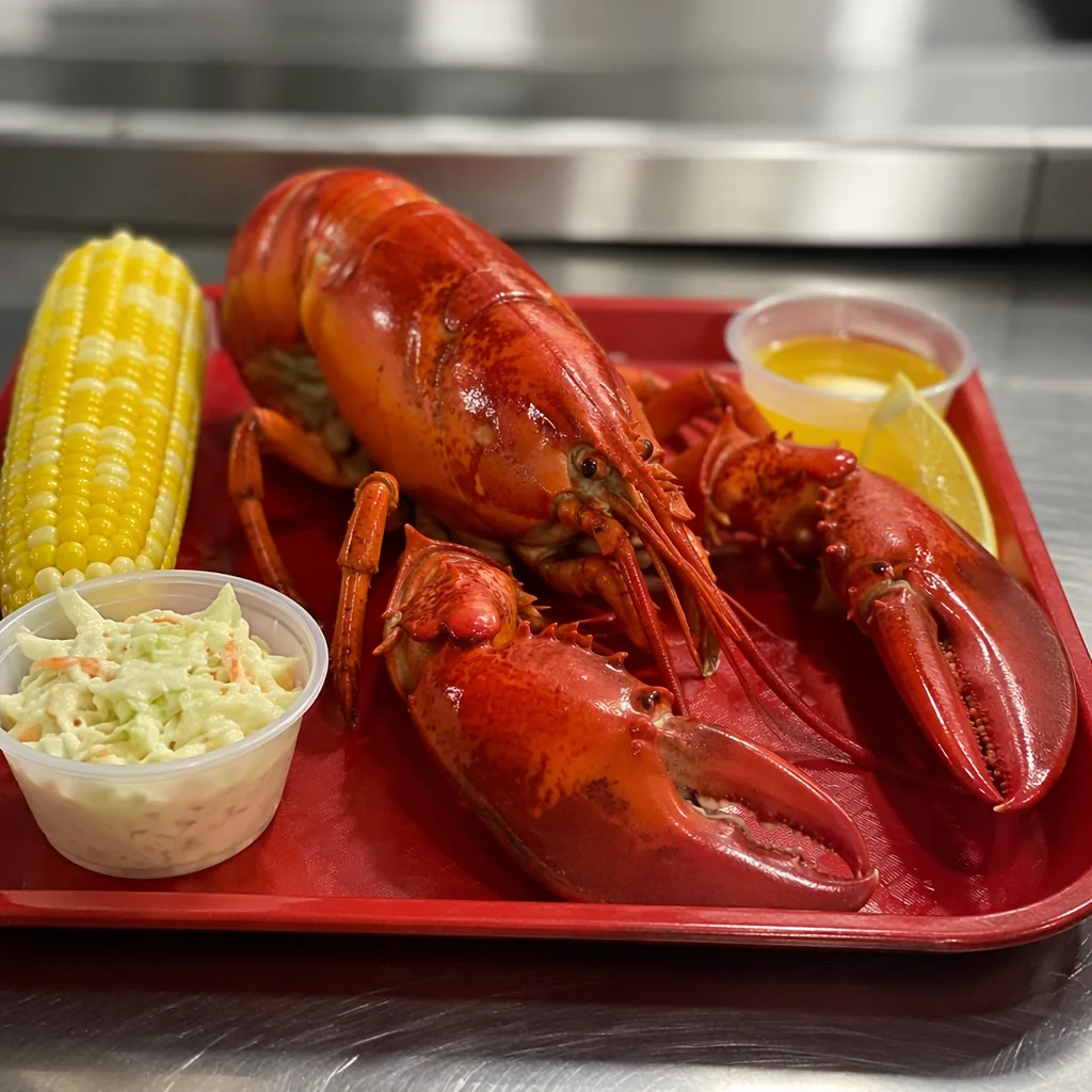 Whole steamed Maine lobster with corn on the cob, coleslaw and drawn butter on a red serving tray
