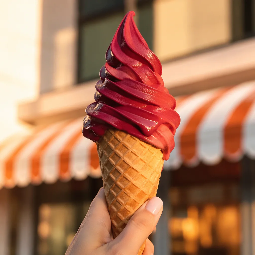 Deep red soft-serve twist in a waffle cone held up in front of the orange and white striped awning