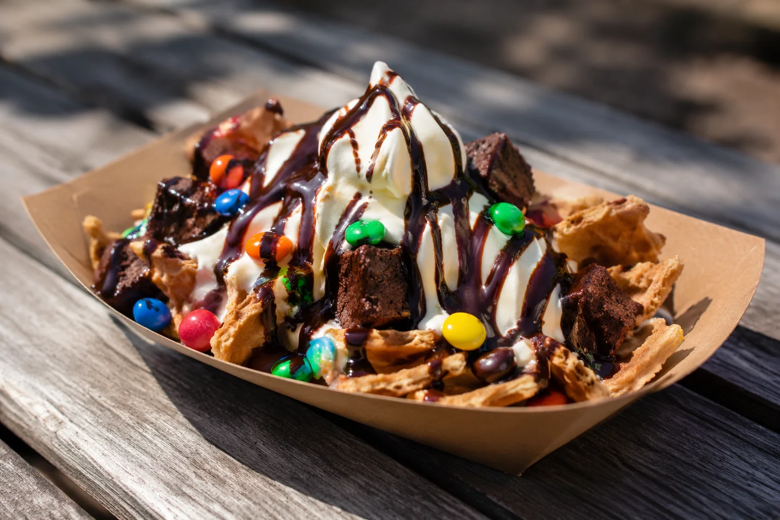 Waffle-cone ice cream nachos in a paper boat with hot fudge, brownie chunks, candy pieces and whipped cream