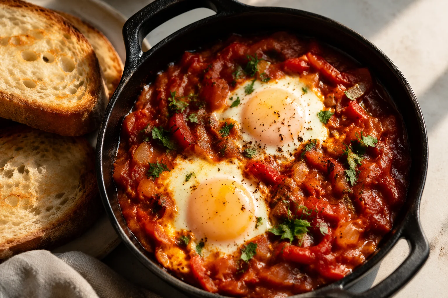 Shakshuka in a small dark pan, two eggs set in stewed pepper and tomato sauce, toasted sourdough alongside in warm morning light