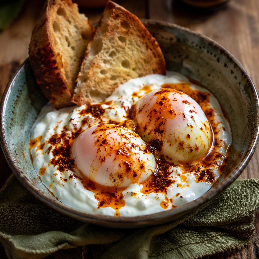 Turkish cilbir in a ceramic bowl, two poached eggs on garlic yogurt with spiced butter drizzled over, sourdough toast wedges