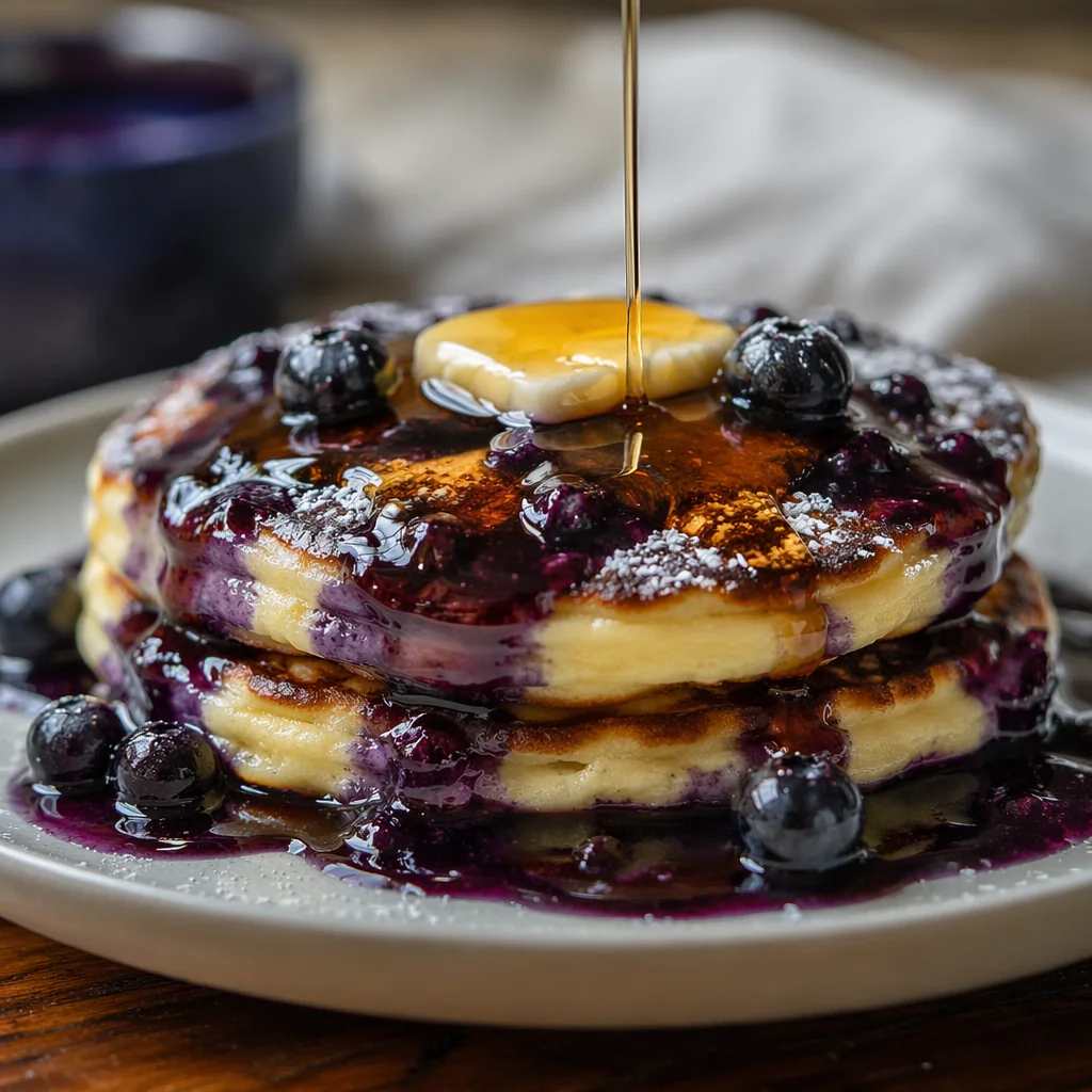A stack of blueberry pancakes with Maine blueberry sauce pooling down the sides, powdered sugar and maple syrup being poured