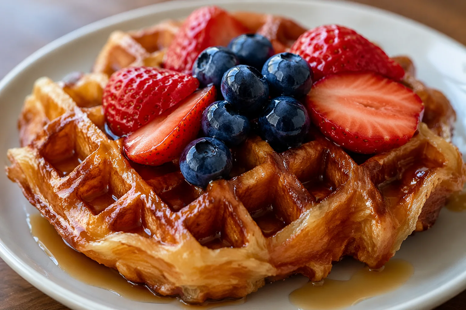 A craffle, a croissant pressed in a waffle iron, topped with strawberries, blueberries and maple syrup
