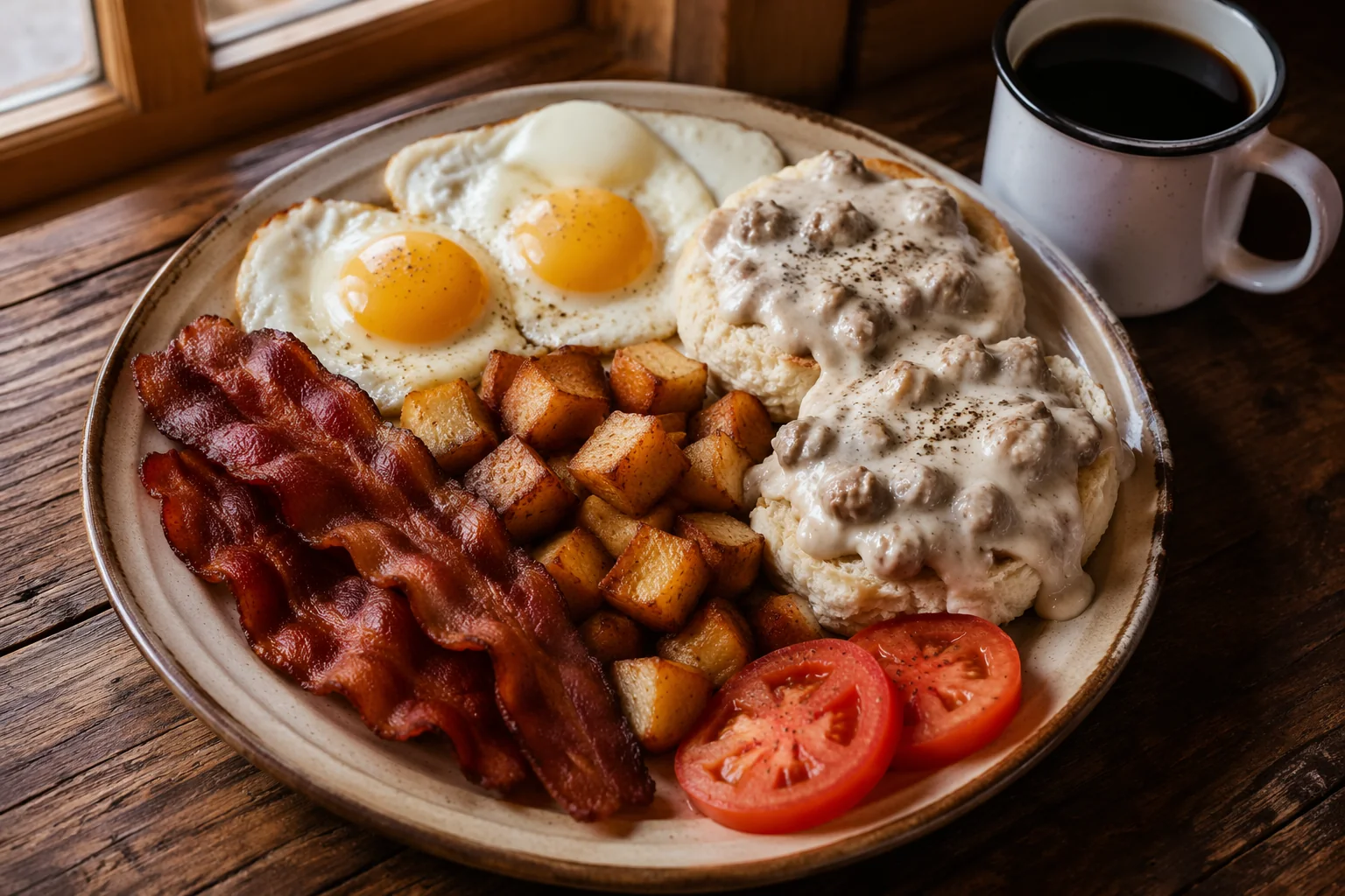 Coal Miner Breakfast plate: three eggs, bacon, house potatoes, and biscuits with peppered gravy