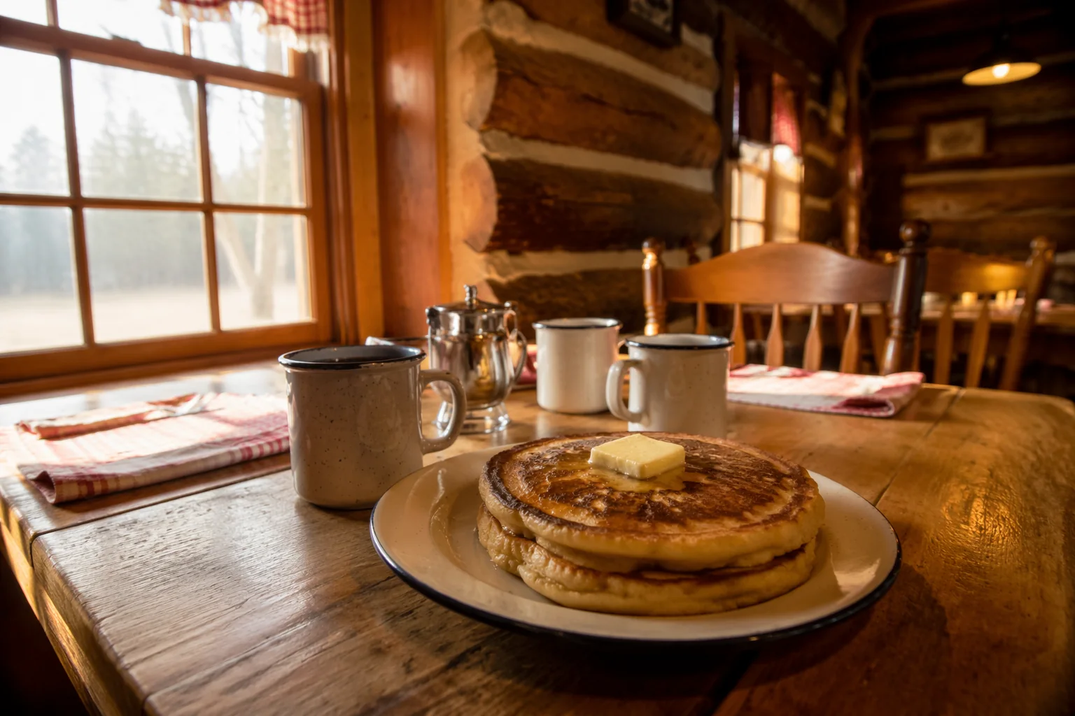 Window table inside the log cabin, timber walls in warm light, two large flapjacks with butter
