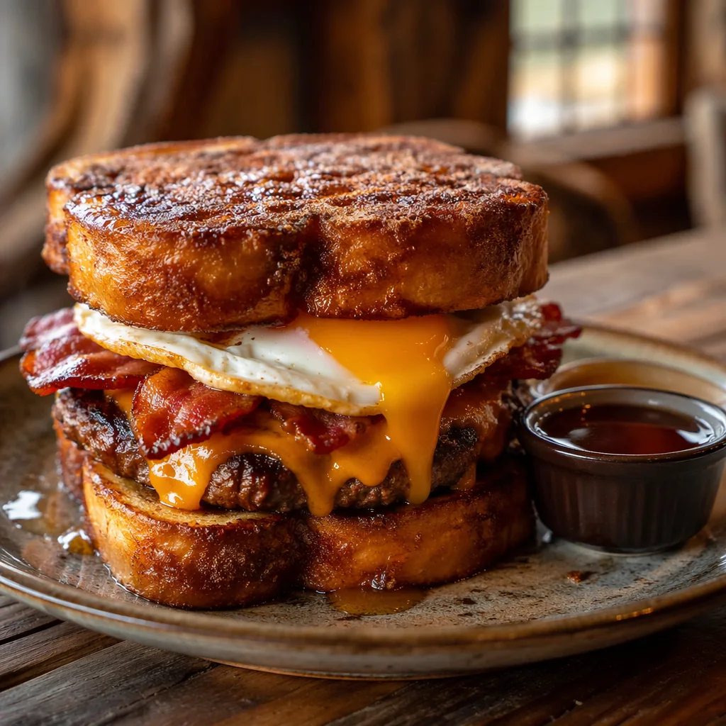 Log Toast Burger: burger with fried egg, bacon and cheese between two slices of French toast, syrup on the side