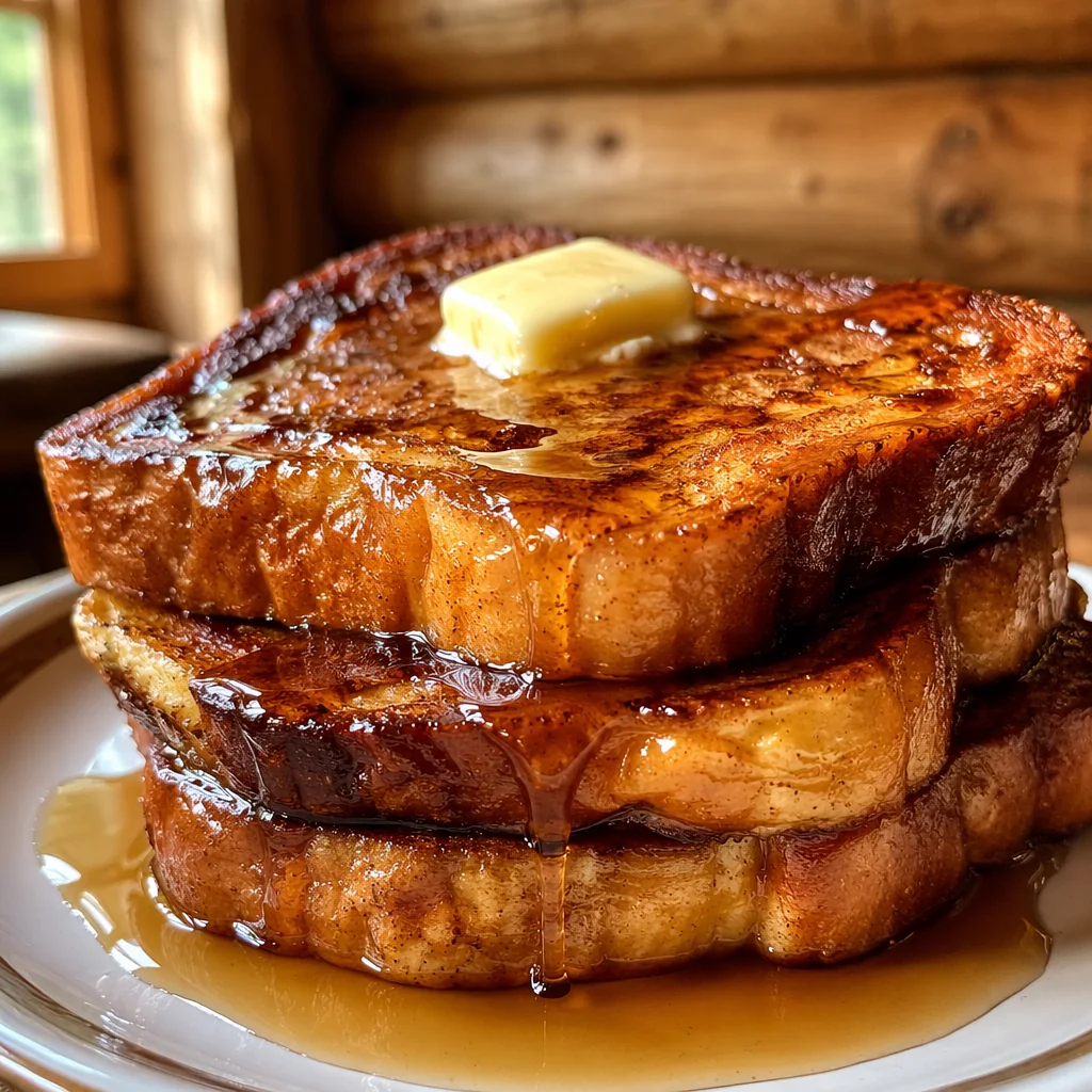 Log Toast: three slices of cinnamon French toast with butter and a syrup pour
