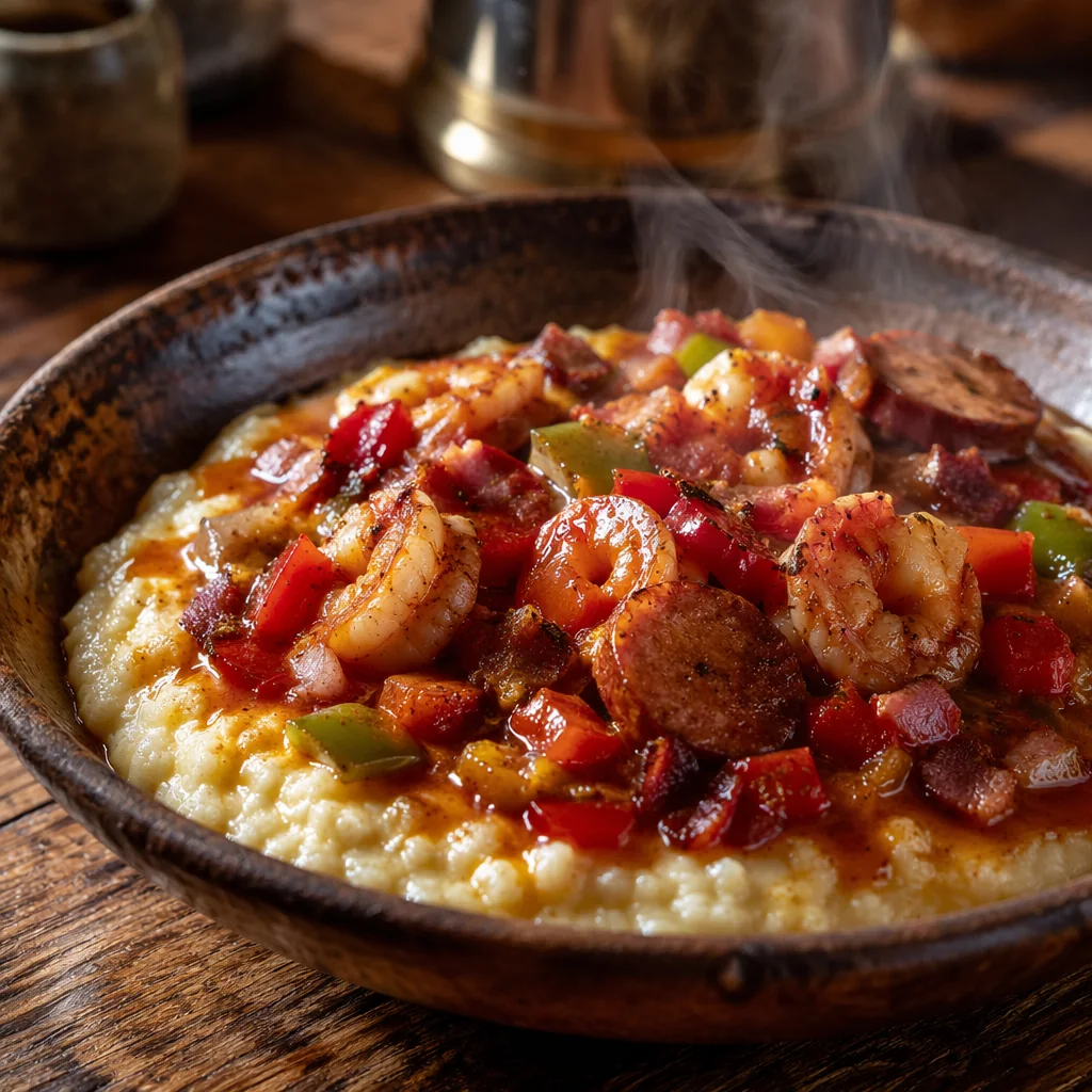 Savannah Bay St. Shrimp n Grits: shrimp and andouille sausage over cheesy grits with bacon bits