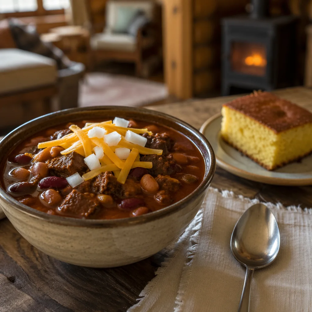 Dbl G's Chili: beef and bean chili topped with shredded cheese and onions, cornbread on the side