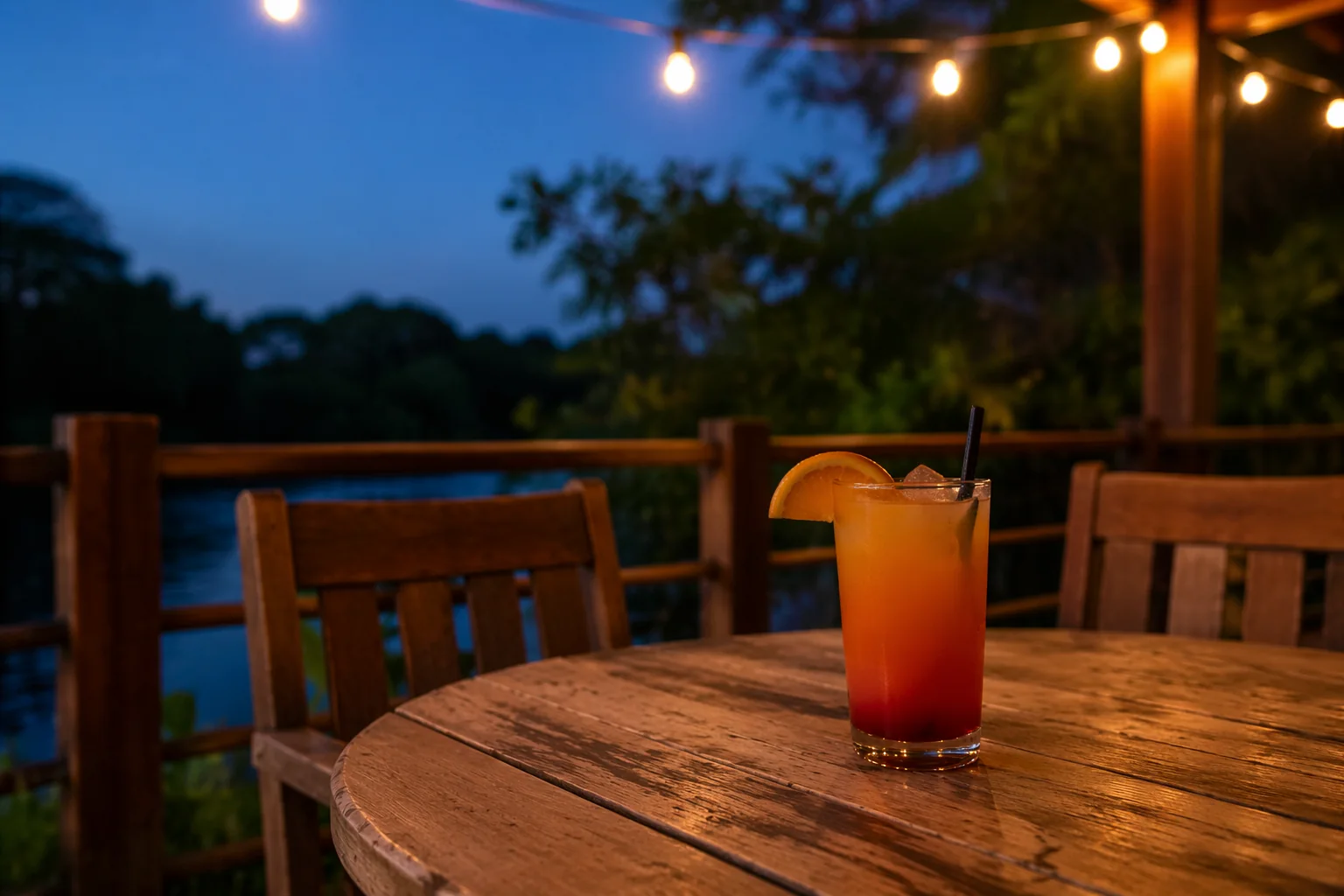 Patio table at dusk under string lights with a tall layered orange and red cocktail, wooden railing and greenery beyond