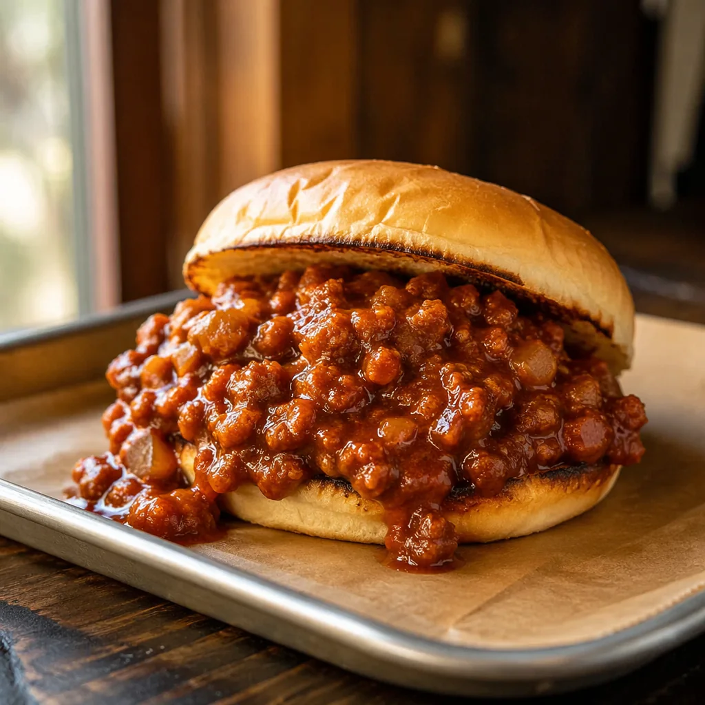 Sloppy joe on a toasted bun, meat sauce spilling onto a paper lined tray