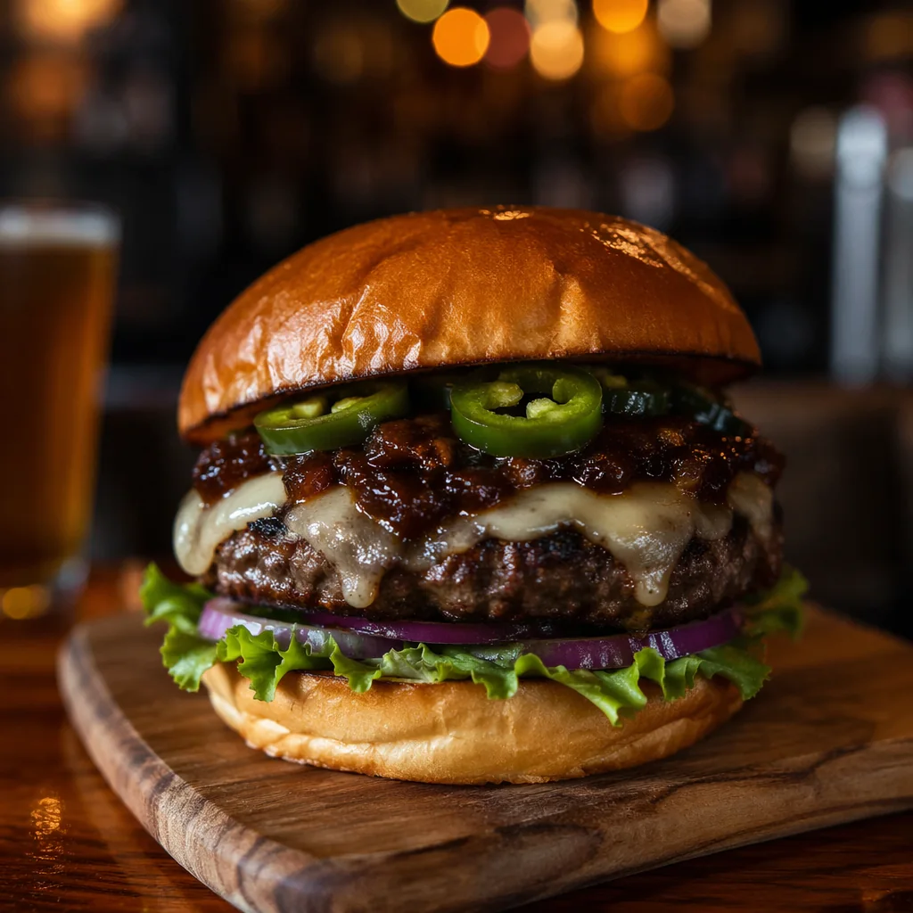Thick burger with melted pale cheese, dark bacon jam, jalapeno slices, lettuce and onion on a wooden board