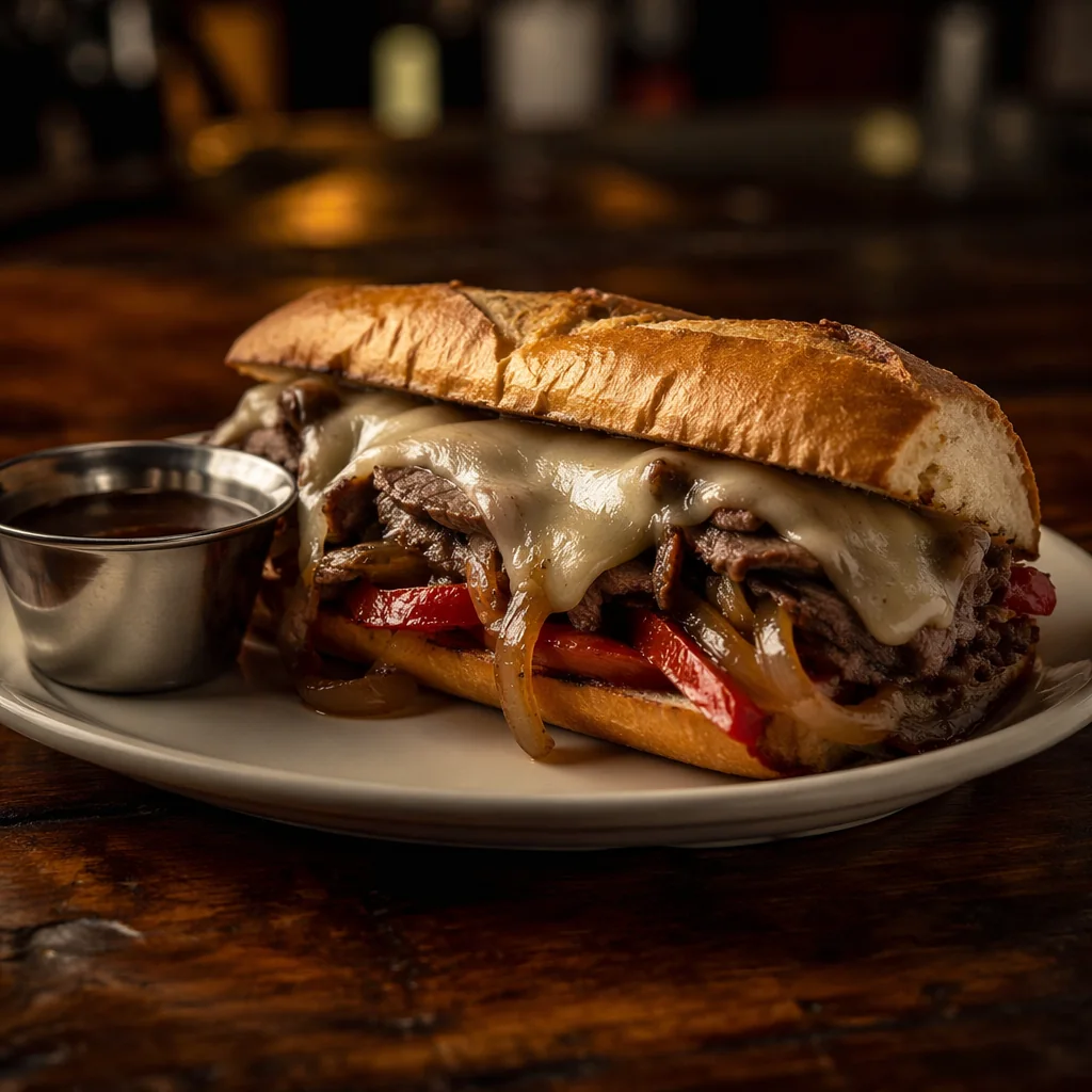 Brisket hoagie with melted provolone, roasted peppers and onions, a cup of au jus beside