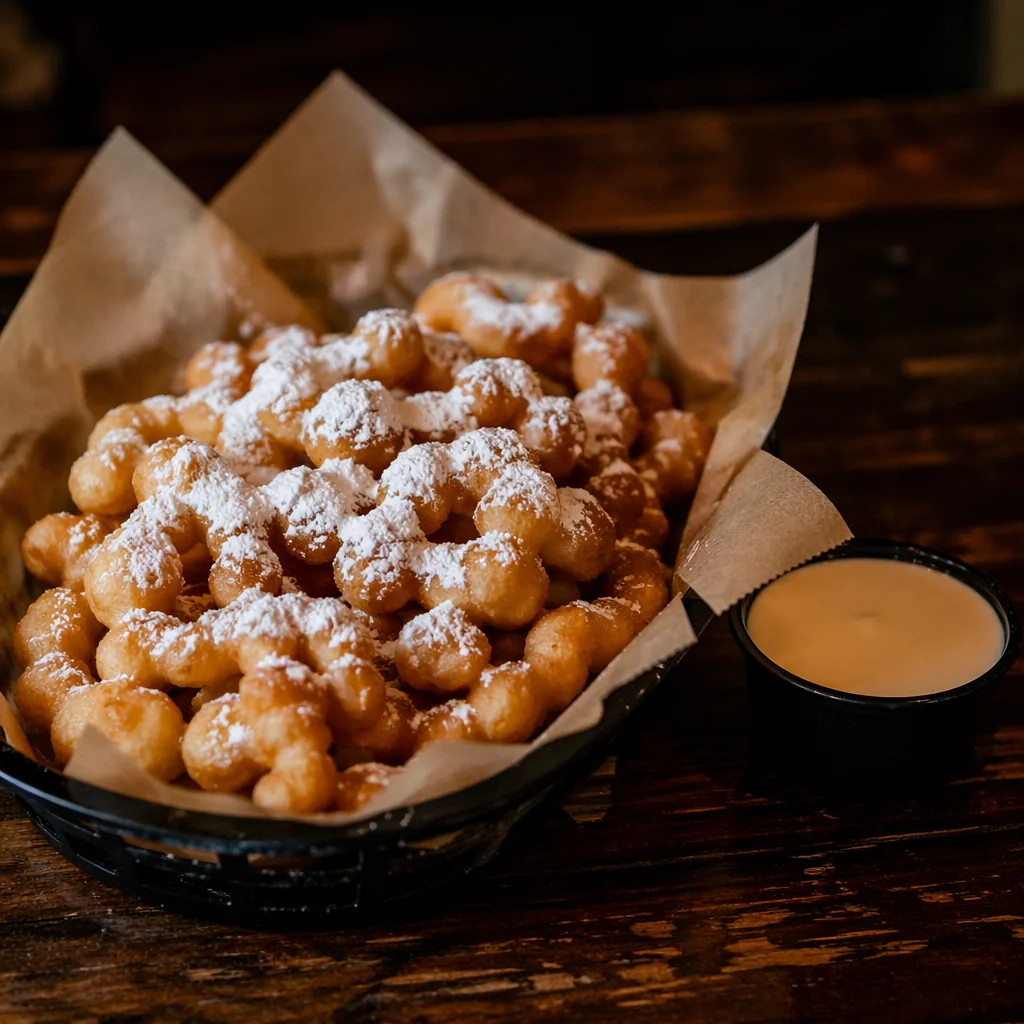 Basket of funnel cake fries dusted with powdered sugar, dipping sauce ramekin beside