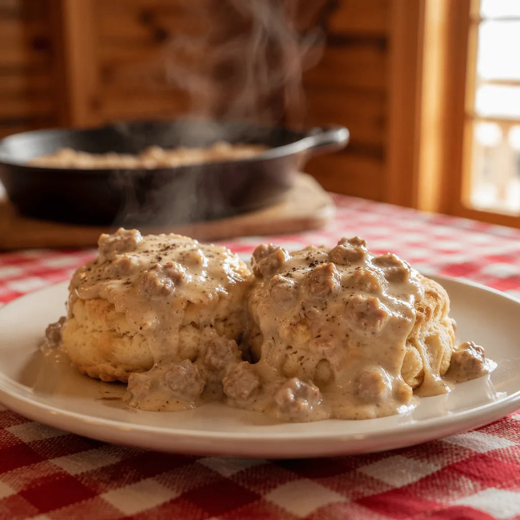 Two biscuits under sausage gravy on a red checked tablecloth, a cast iron skillet steaming behind