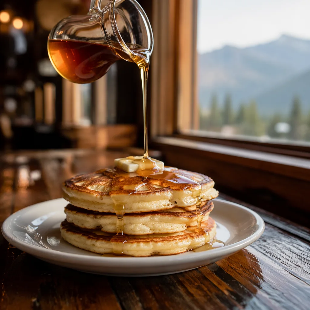 Three pancakes with maple syrup