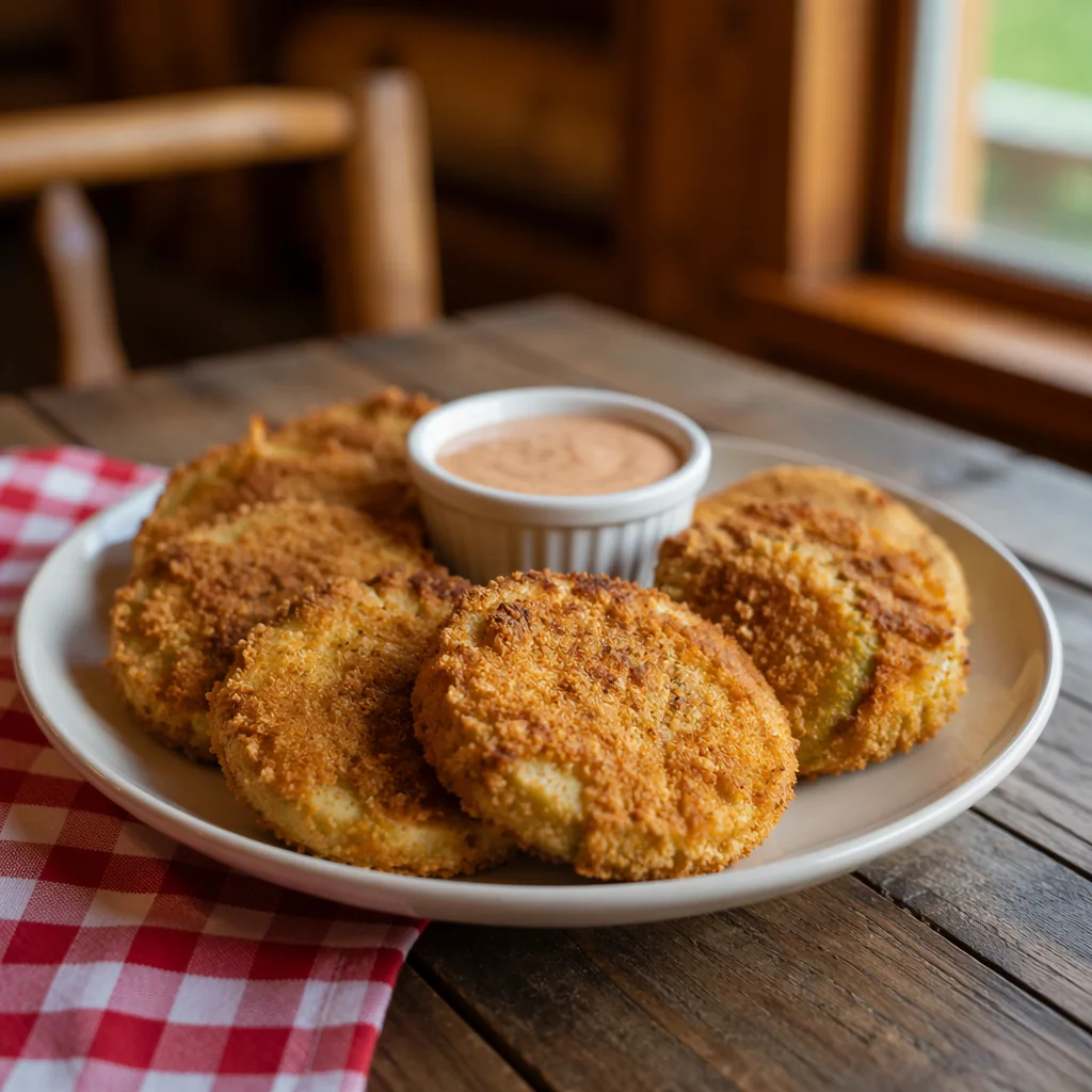 Six fried green tomatoes around a cup of dipping sauce on a wooden table