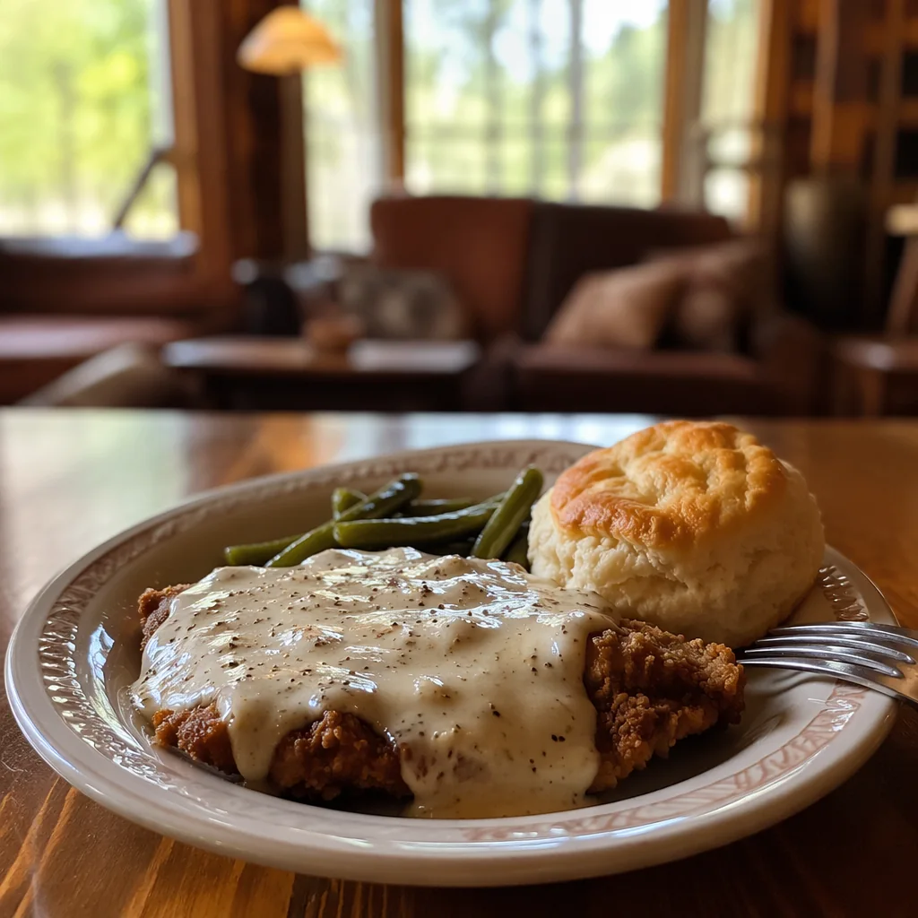 Country steak smothered in pepper gravy with green beans and a biscuit, served in the cabin's front room