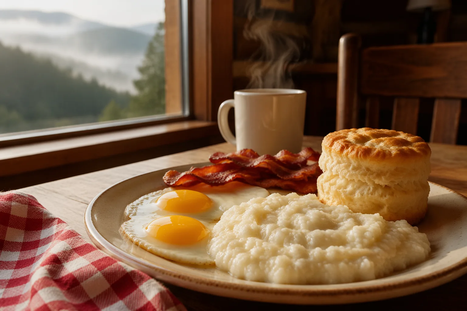 The Mountaineer Breakfast Plate at Trish's: two eggs with potatoes, a biscuit, and breakfast meat