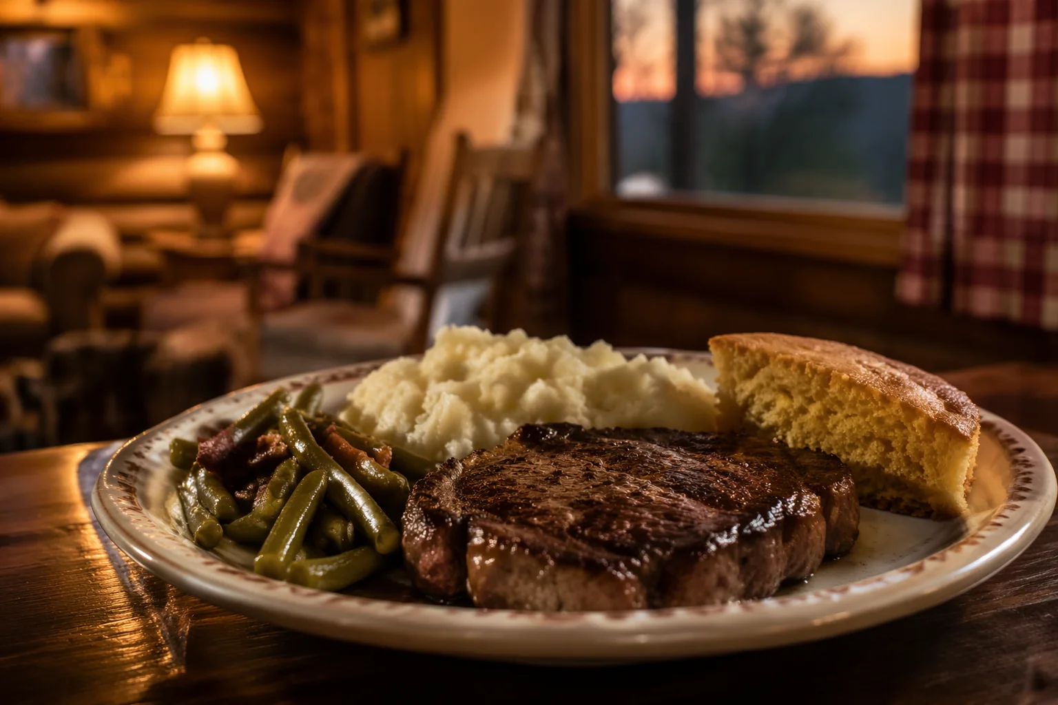 Ribeye steak supper with sides and cornbread on a wooden table, dusk settling outside the cabin window at Trish's Mountain Diner