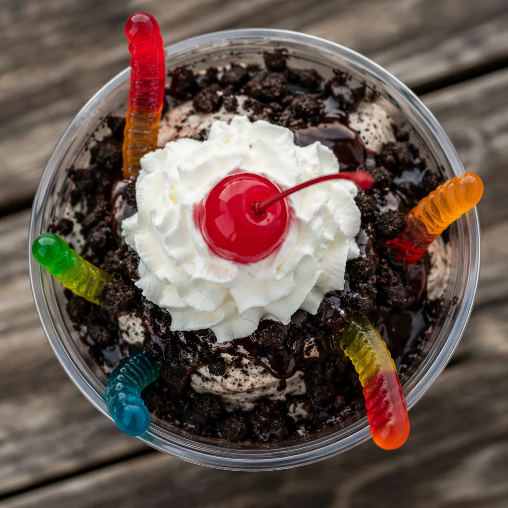 Overhead view of a dirt sundae in a cup: whipped cream, crushed cookie crumble, gummi worms and a cherry
