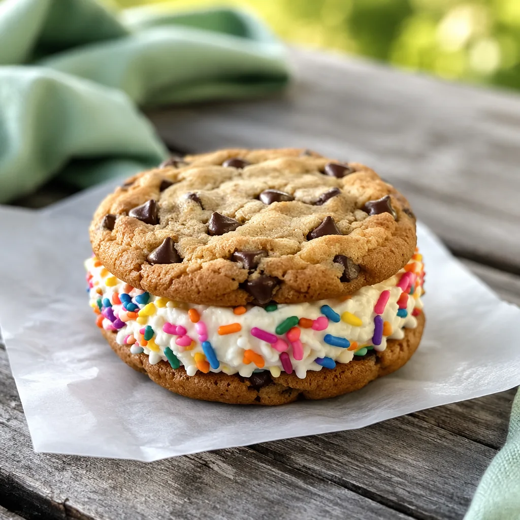 Chocolate chip cookie ice cream sandwich rolled in rainbow sprinkles