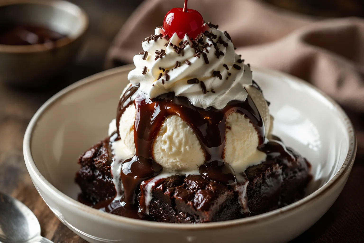 Brownie sundae with vanilla ice cream, whipped cream, hot fudge and a cherry